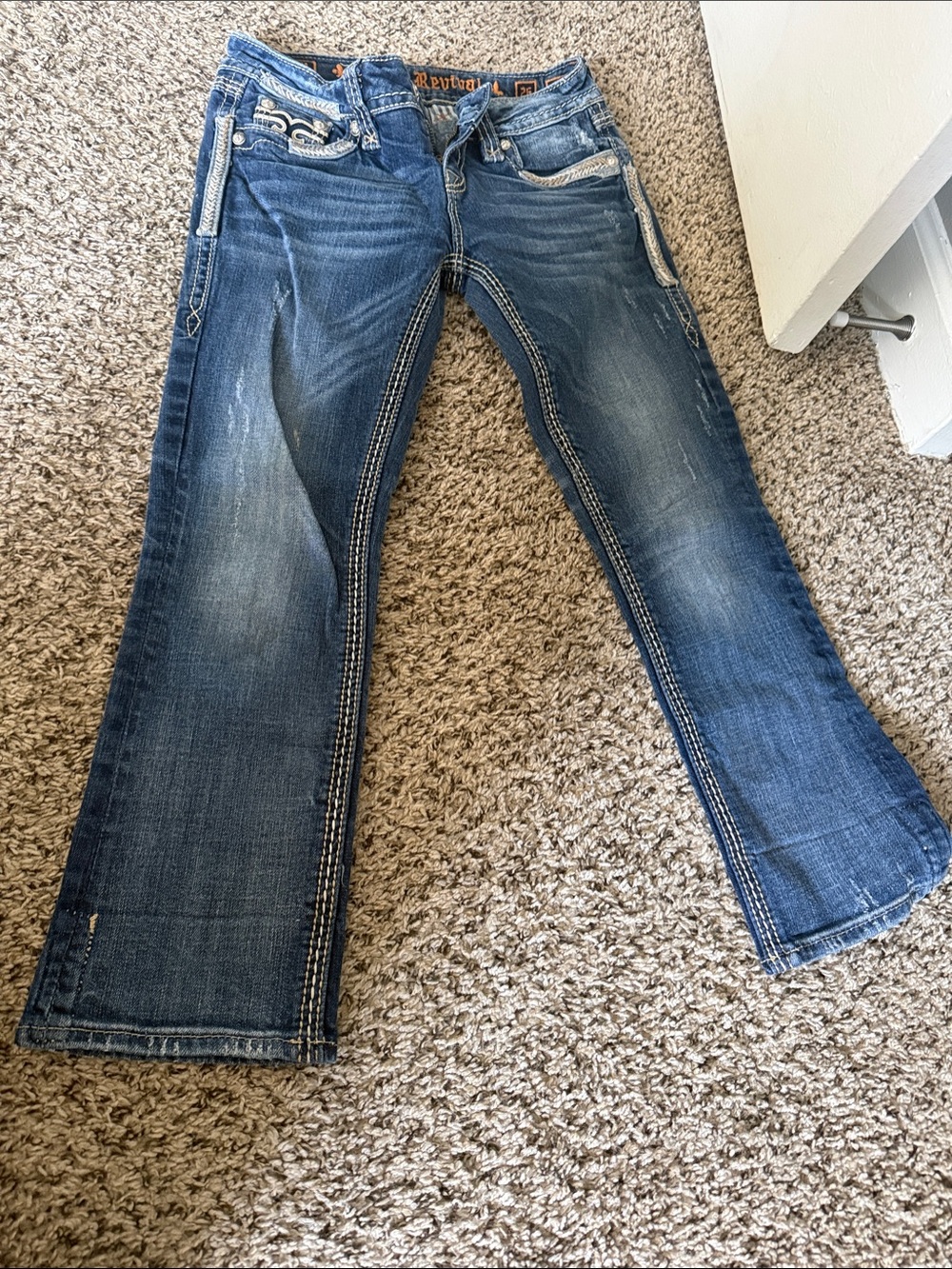 Rock Revival Women’s Blue Flare Jeans with Contrast Stitching